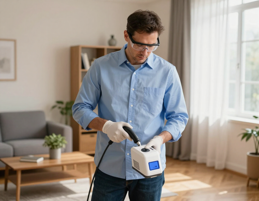 Technician using an air-sampling pump in a residential living room