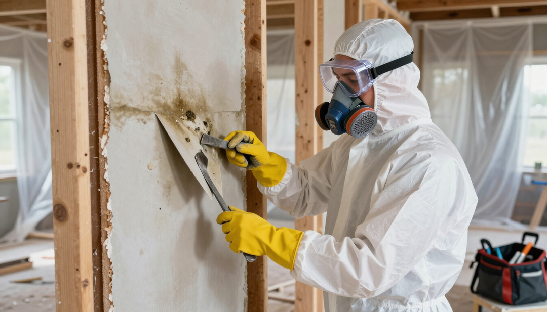 Technician in PPE removing water-damaged drywall