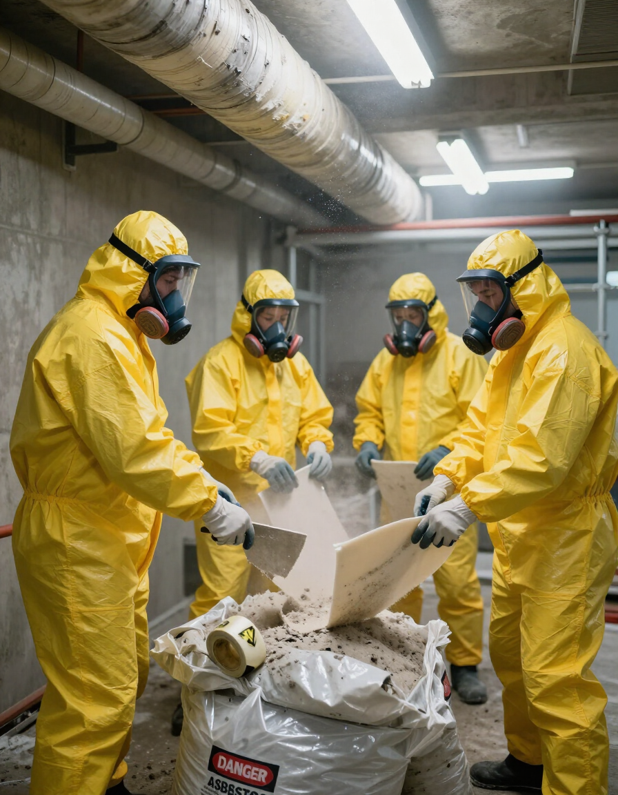 Crew in full PPE and respirators removing asbestos insulation