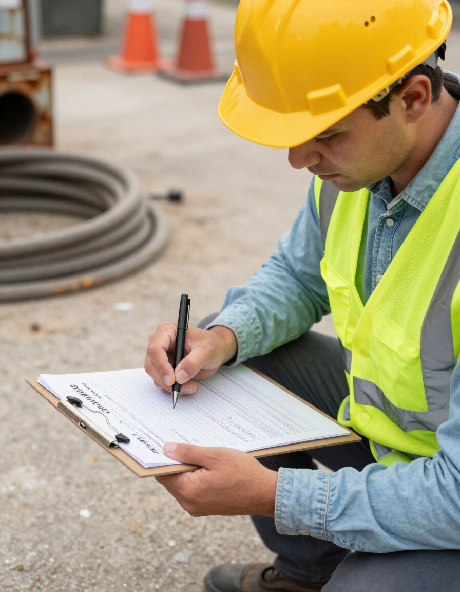 Technician filling out a compliance form at a jobsite