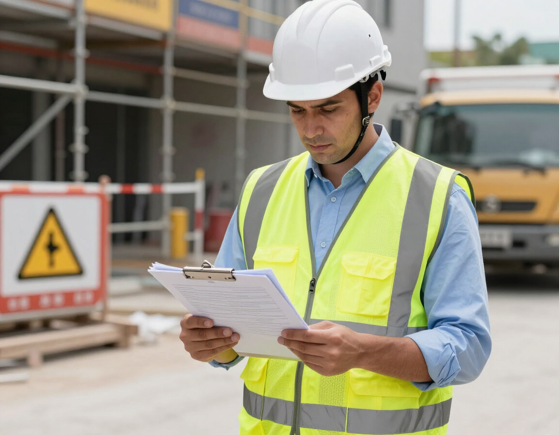 Inspector reviewing paperwork on a clipboard at a jobsite