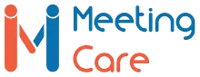 Logo van Meetingcare Thuiszorg; het logo toont twee gestileerde personen, een oranje en een blauwe, met de naam in blauwe tekst.