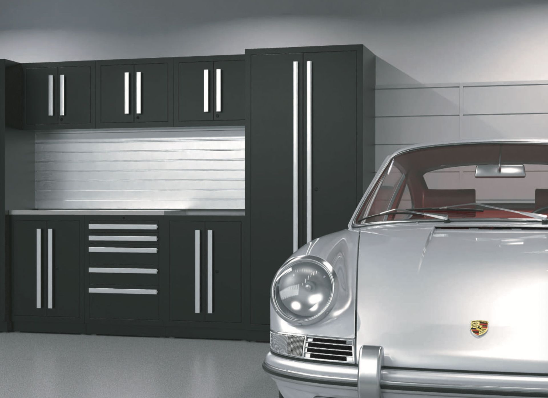 A CrownWall Metal Garage Cabinet System and a Porche