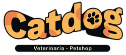 Logotipo de Catdog en naranja y negro con huella de pata, con la etiqueta “Veterinaria - Tienda de mascotas”.