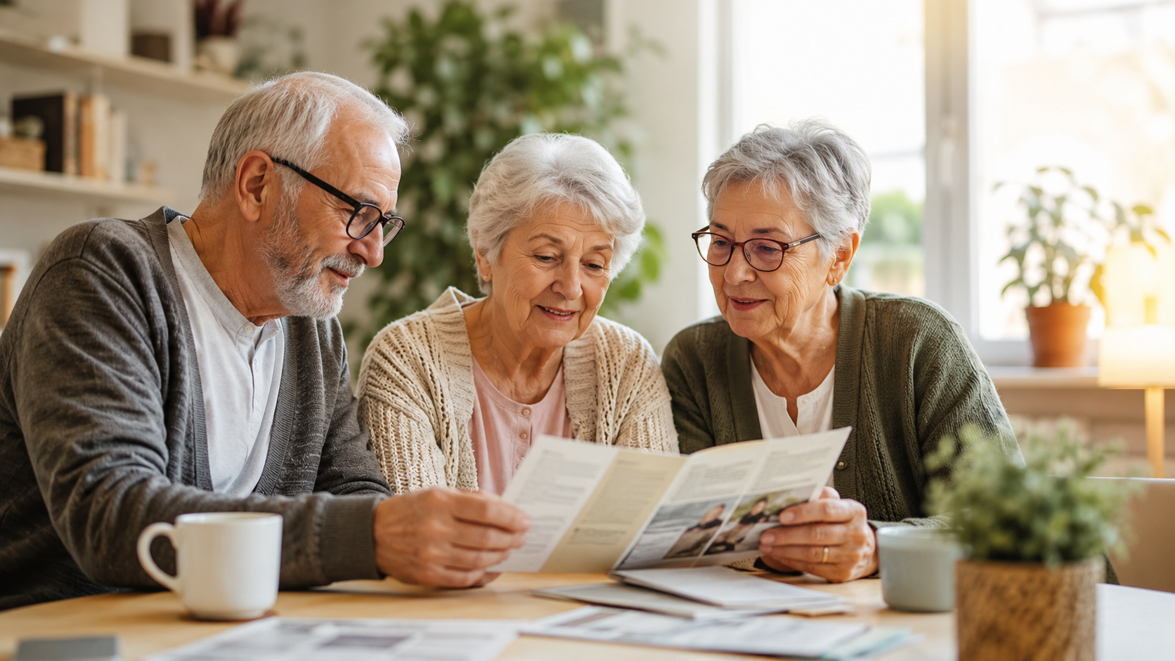 Drei Seniorinnen und Senioren lesen gemeinsam Informationsmaterial zum Pflegeneuausrichtungsgesetz.