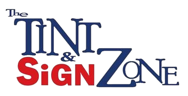 A blue and red logo for The Tint & Sign Zone