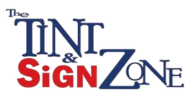 A blue and red logo for The Tint & Sign Zone