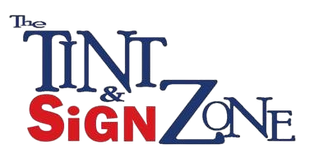 A blue and red logo for The Tint & Sign Zone