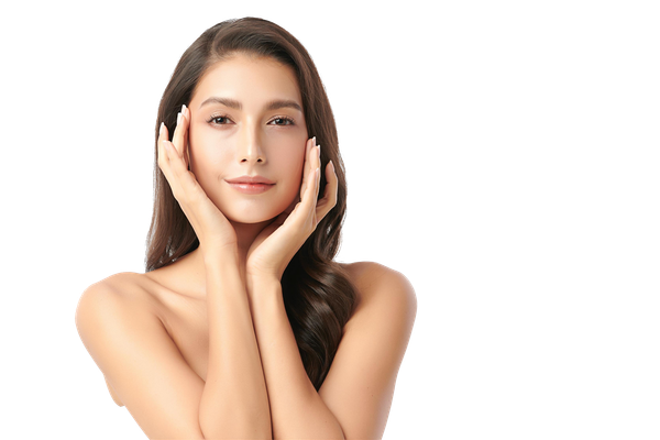 A woman is touching her face with her hands and smiling.