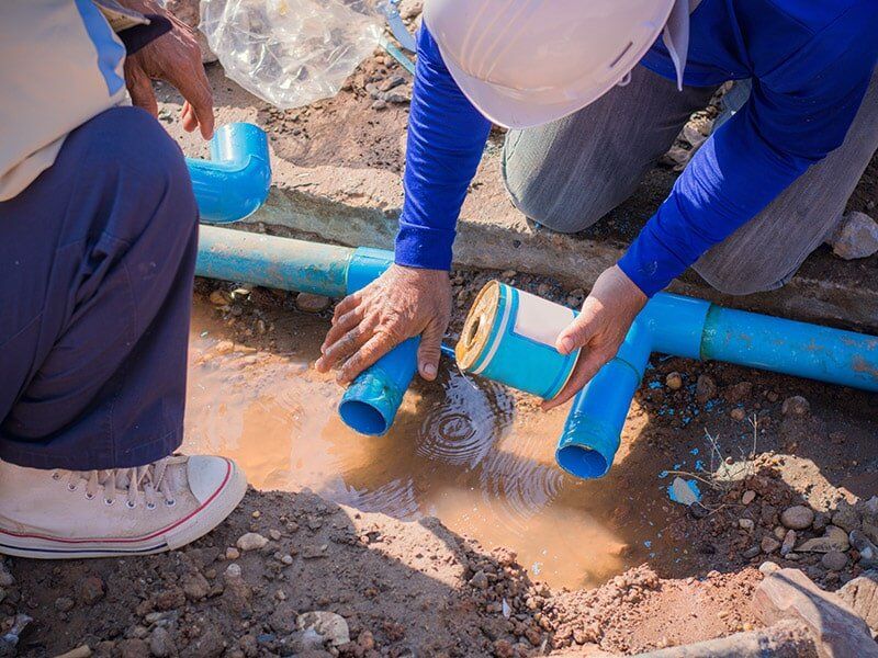 Plumbers Fixing a Broken Pipe — Commercial Plumber in Moranbah, QLD Plumbers Fixing a Broken Pipe — Commercial Plumber in Moranbah, QLD