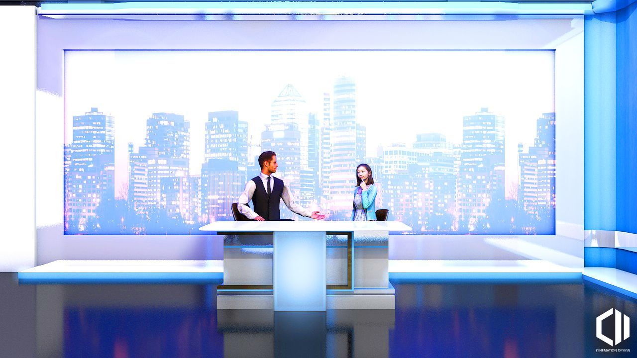 A man and a woman are sitting at a table in a news studio.