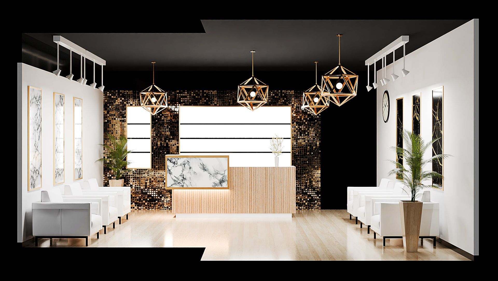 A 3d rendering of a lobby with a reception desk and chairs.