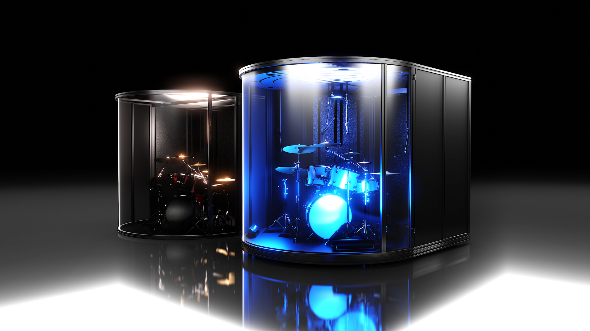 A drum set in a display case with blue lights
