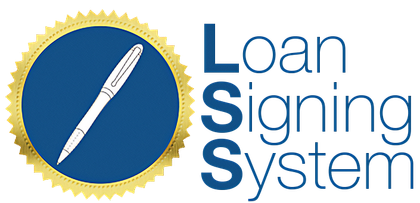 Loan Signing System logo with blue seal, white pen, and blue text