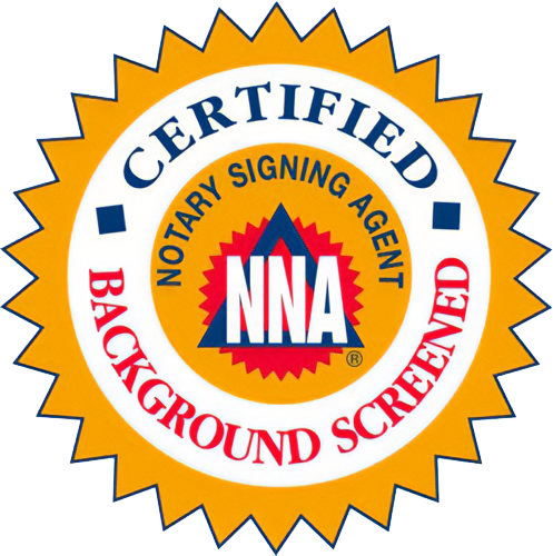 Certified background screened NNA notary signing agent seal in gold, orange, blue, and red.