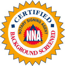 Certified background screened NNA notary signing agent seal in gold, orange, blue, and red.