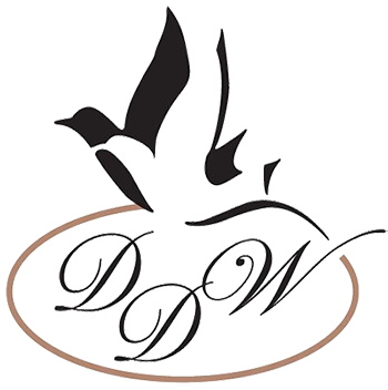 DD Watson Mortician Logo of Black bird in flight over stylized "DDW" within a brown oval.