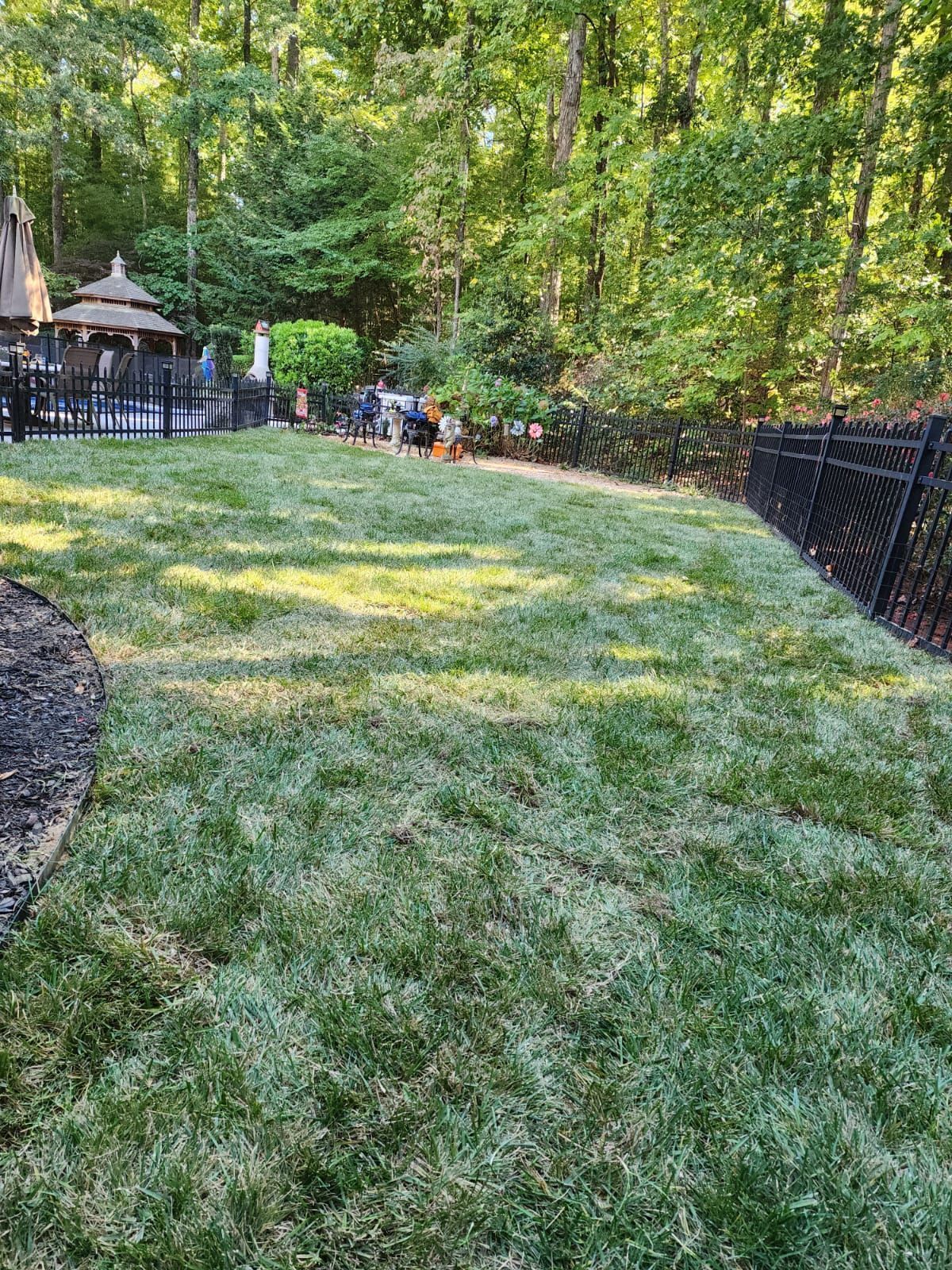 Grassy backyard slope bordered by black fence and trees, with a small gathering near a gazebo in the distance