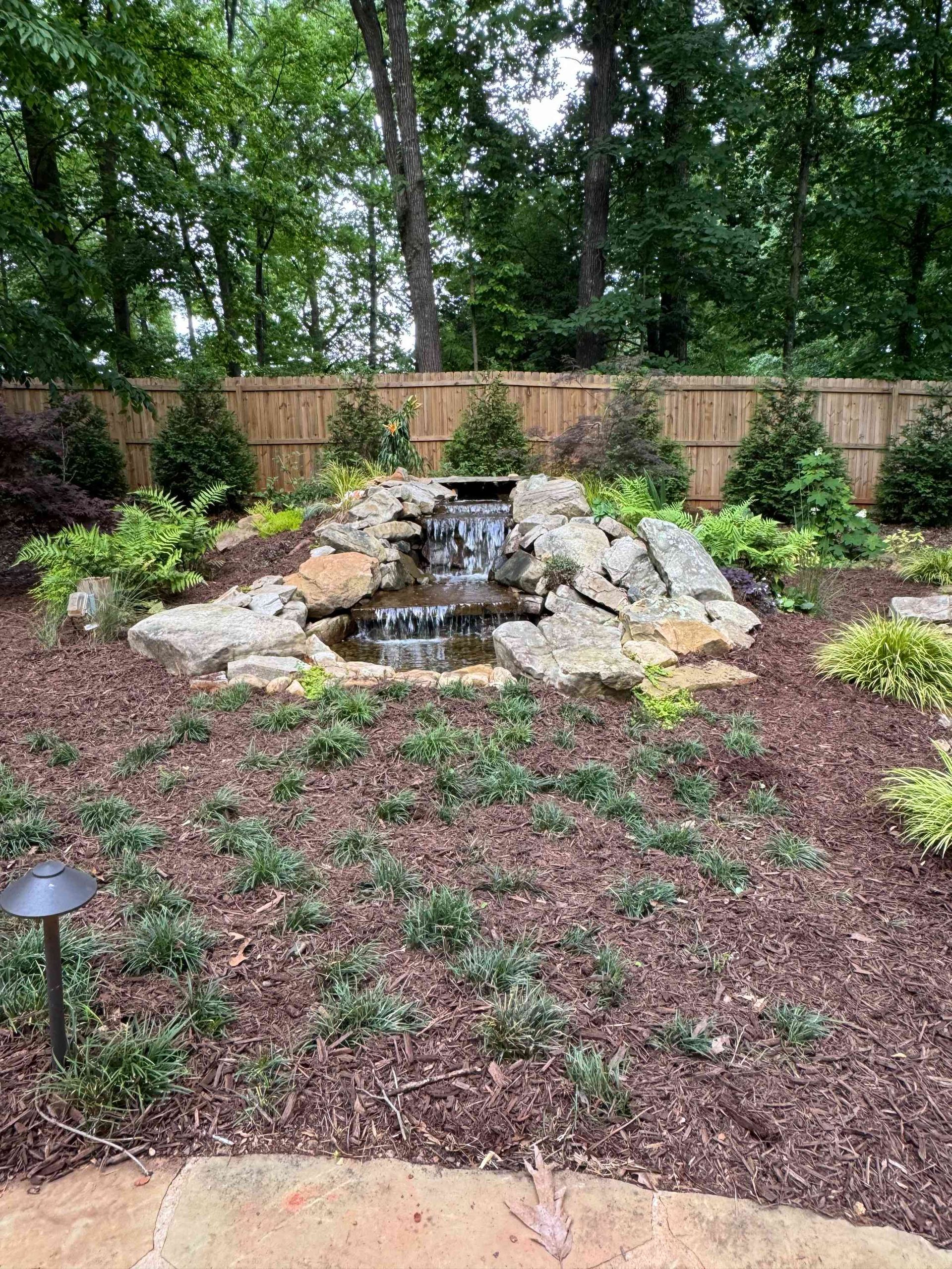 Backyard rock waterfall with pond, surrounded by mulch, shrubs, and trees
