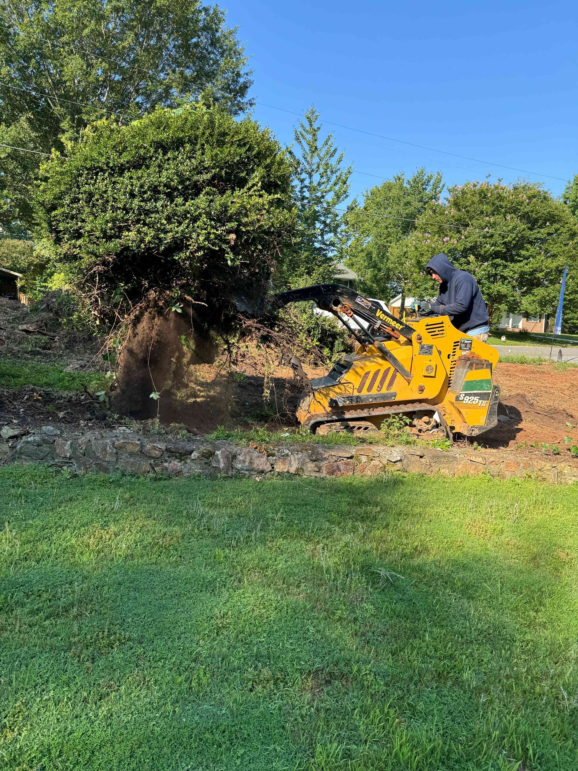 Person on yellow riding mower trimming bushes in a green yard on a sunny day