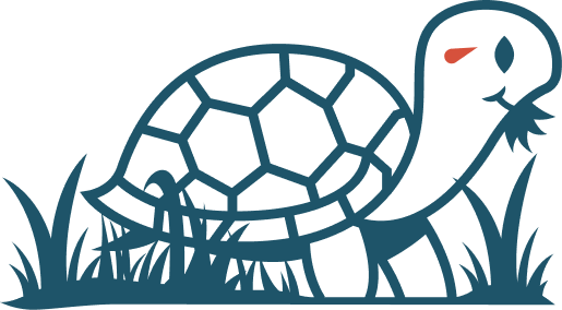 Stylized blue turtle walking in grass, with a white shell and red eye details