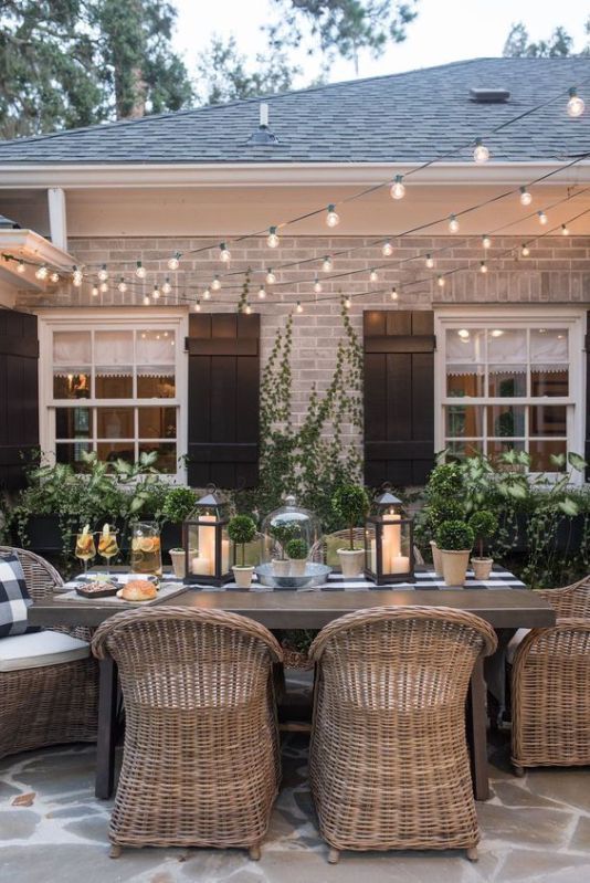 String lighting over outdoor dining