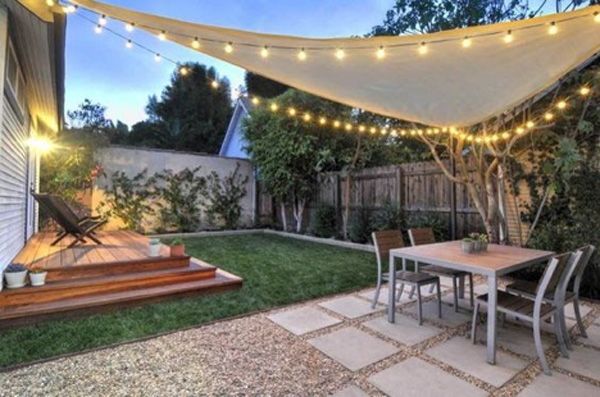 Small outdoor dreamy patio with hanging lights