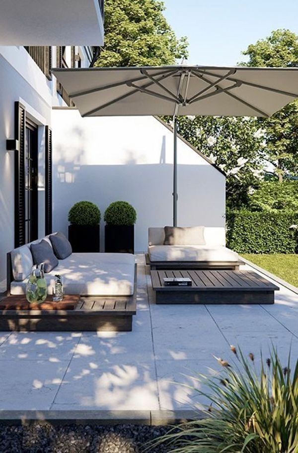 Small outdoor living area with umbrella and patio furniture