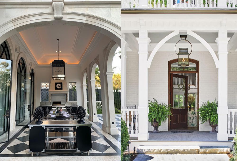 Custom light fixtures hanging over entryways