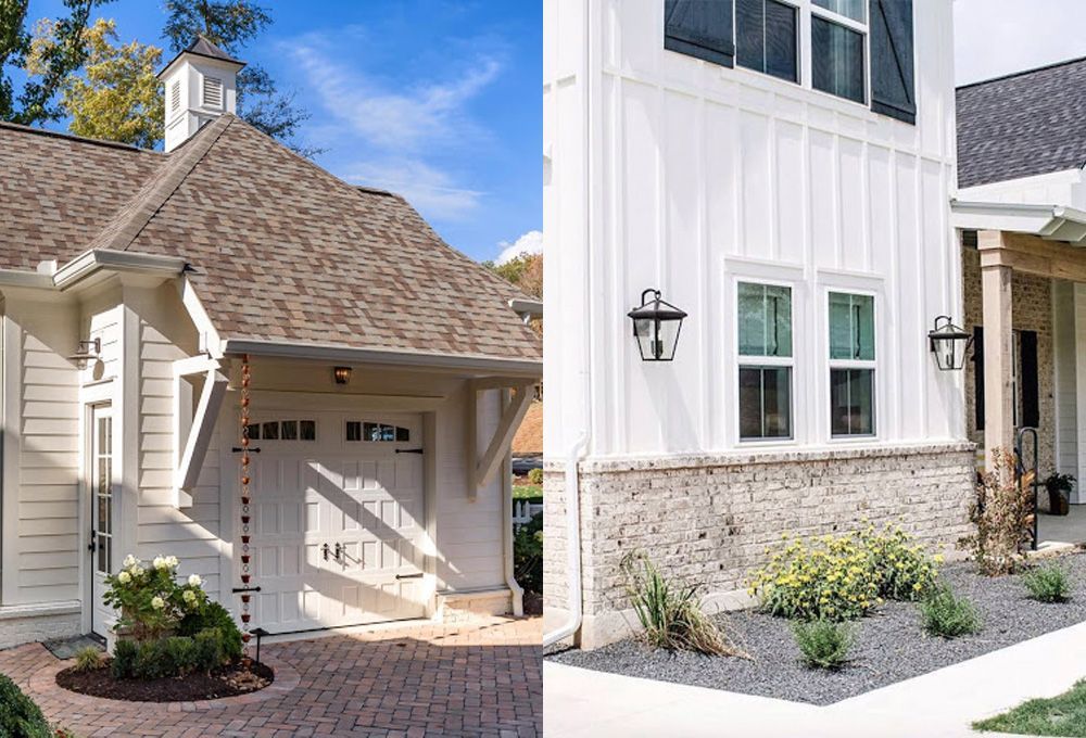 Custom lights above a garage door and lining the windows of the house