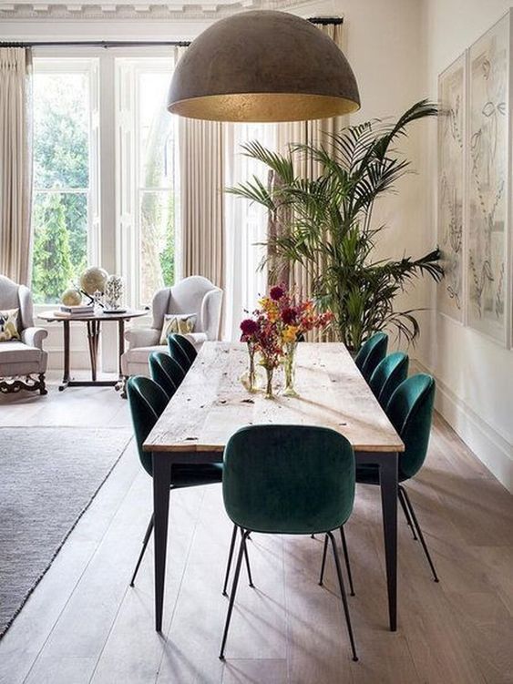 Large brown dome lighting hanging over dining table
