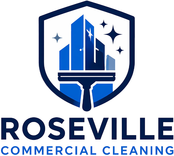 Roseville Commercial Cleaning logo featuring a modern building, squeegee, and sparkle icons representing professional janitorial services in Roseville, MN