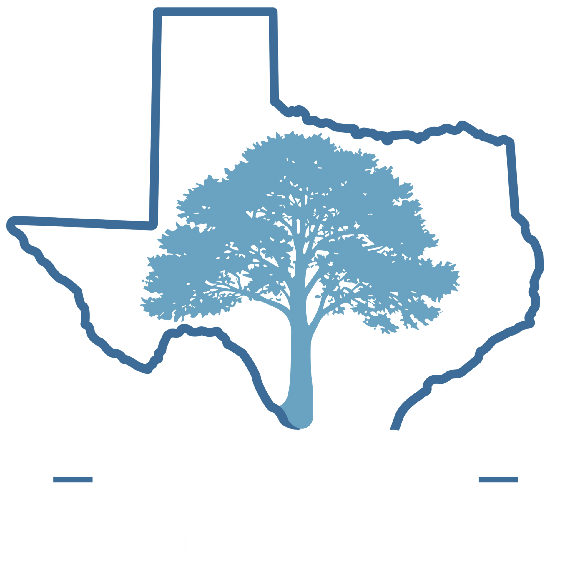 Blue Texas outline with a tree silhouette inside, resembling a logo or emblem.