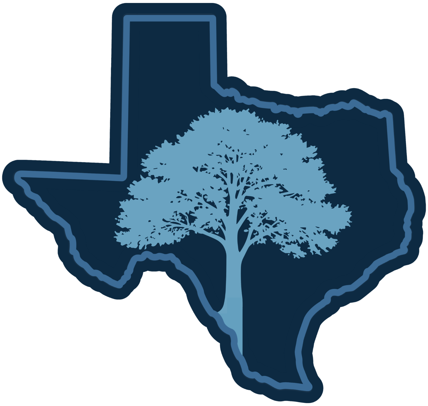 Dark blue Texas silhouette with a light blue tree centered inside.