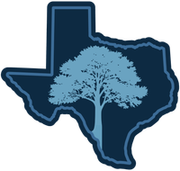 Dark blue Texas silhouette with a light blue tree centered inside.