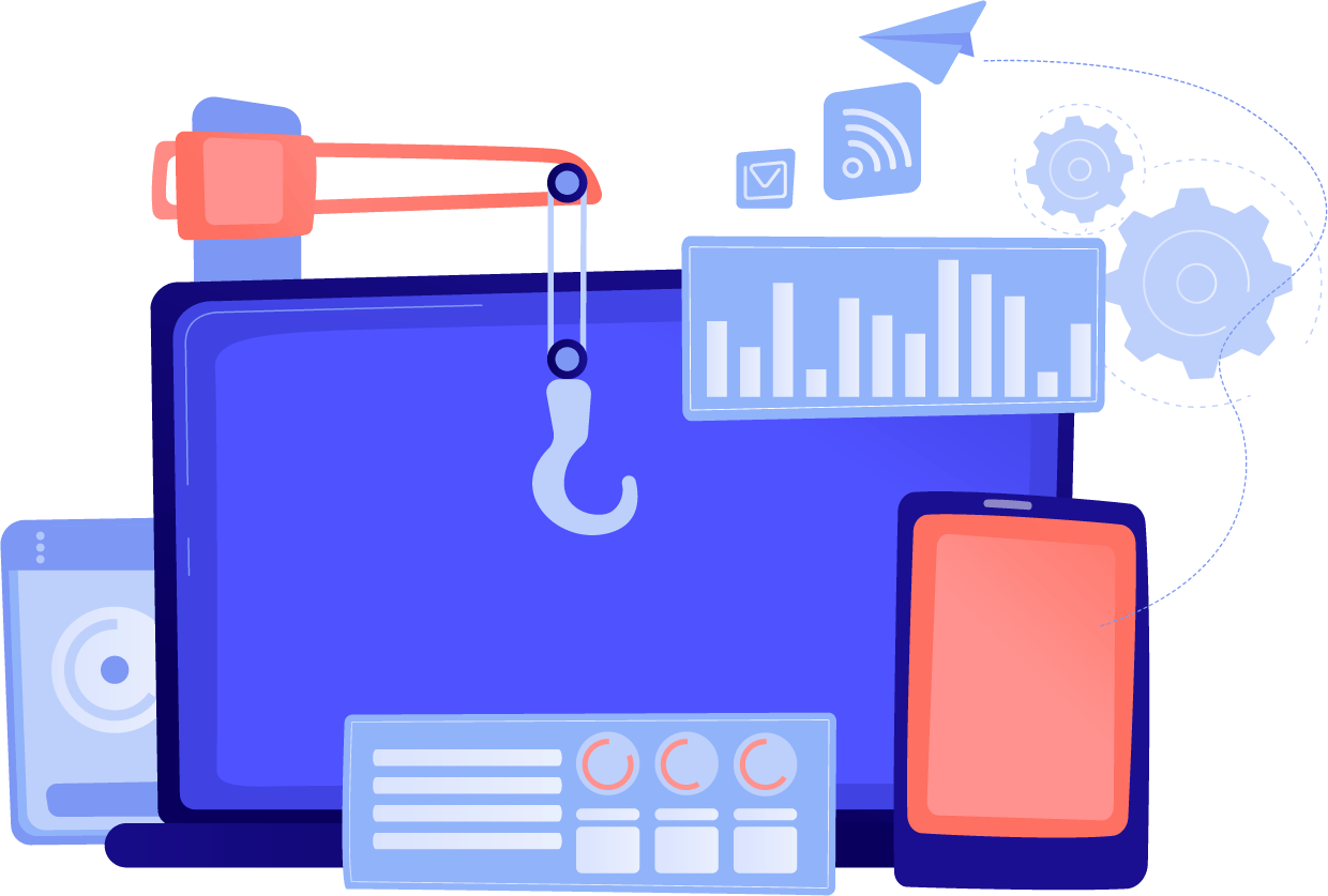 An illustration of a laptop , cell phone , and crane.