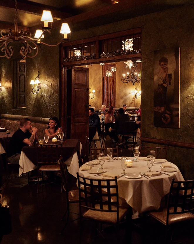 A group of people are sitting at tables in a restaurant