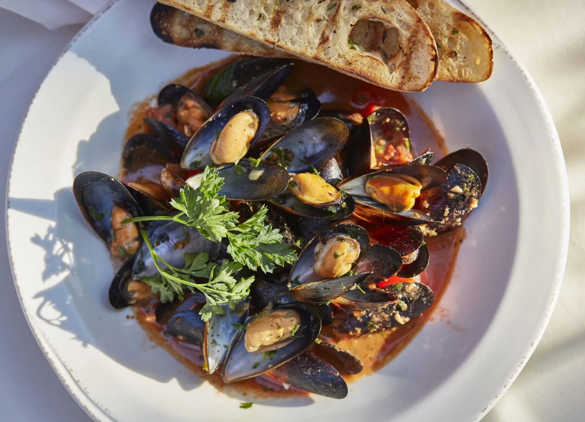 A white plate topped with mussels and bread on a table.