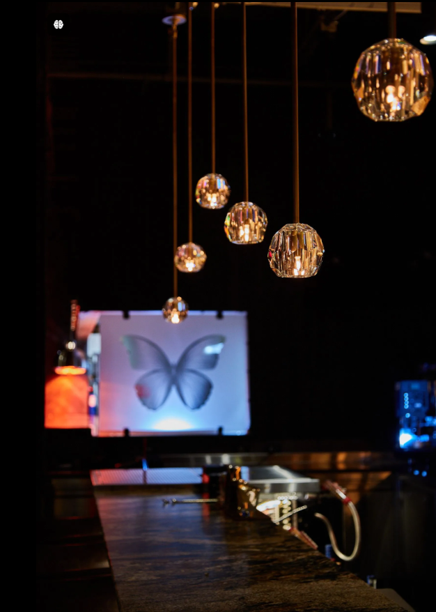 A dark room with a butterfly on the wall