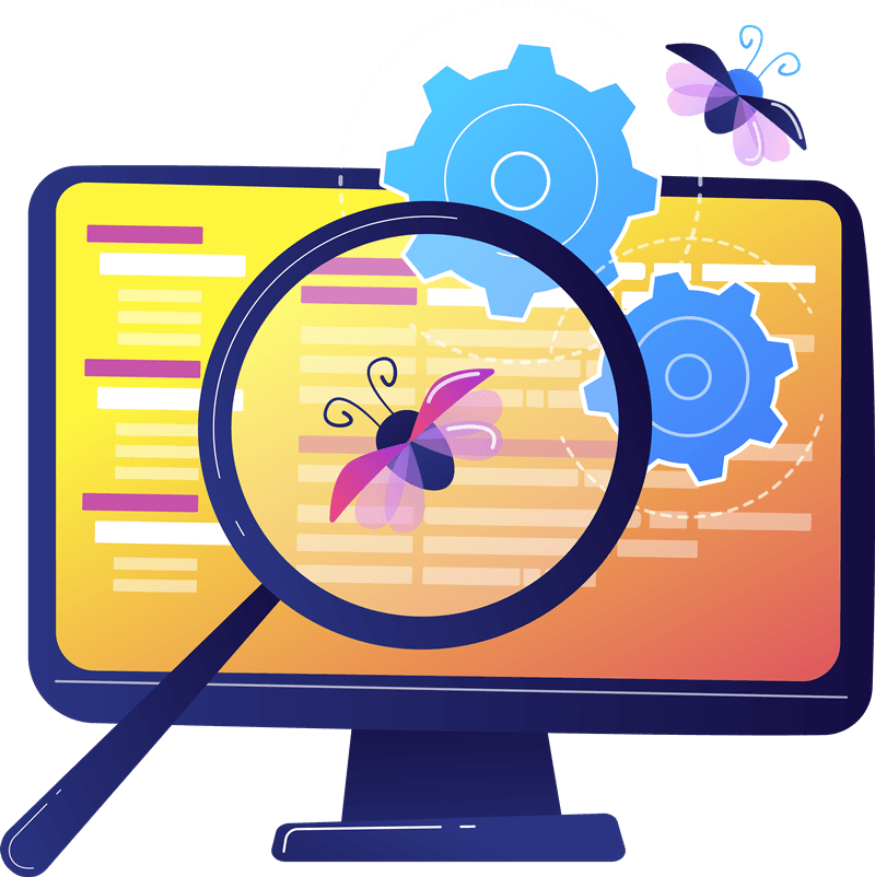 A magnifying glass is looking at a computer screen with gears and butterflies.