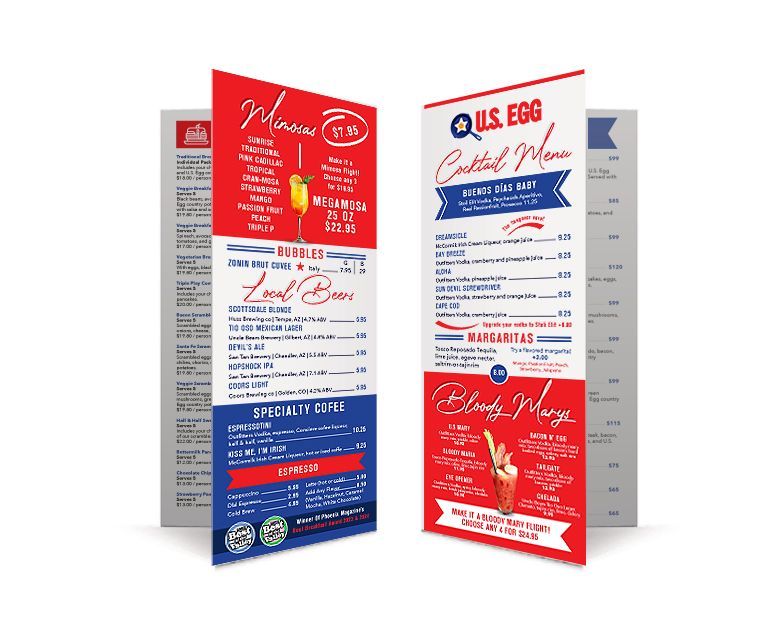 A red , white and blue menu for a restaurant