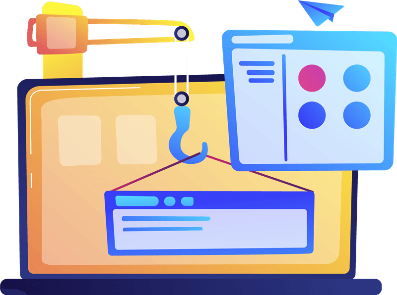 A cartoon illustration of a laptop being built with a crane.