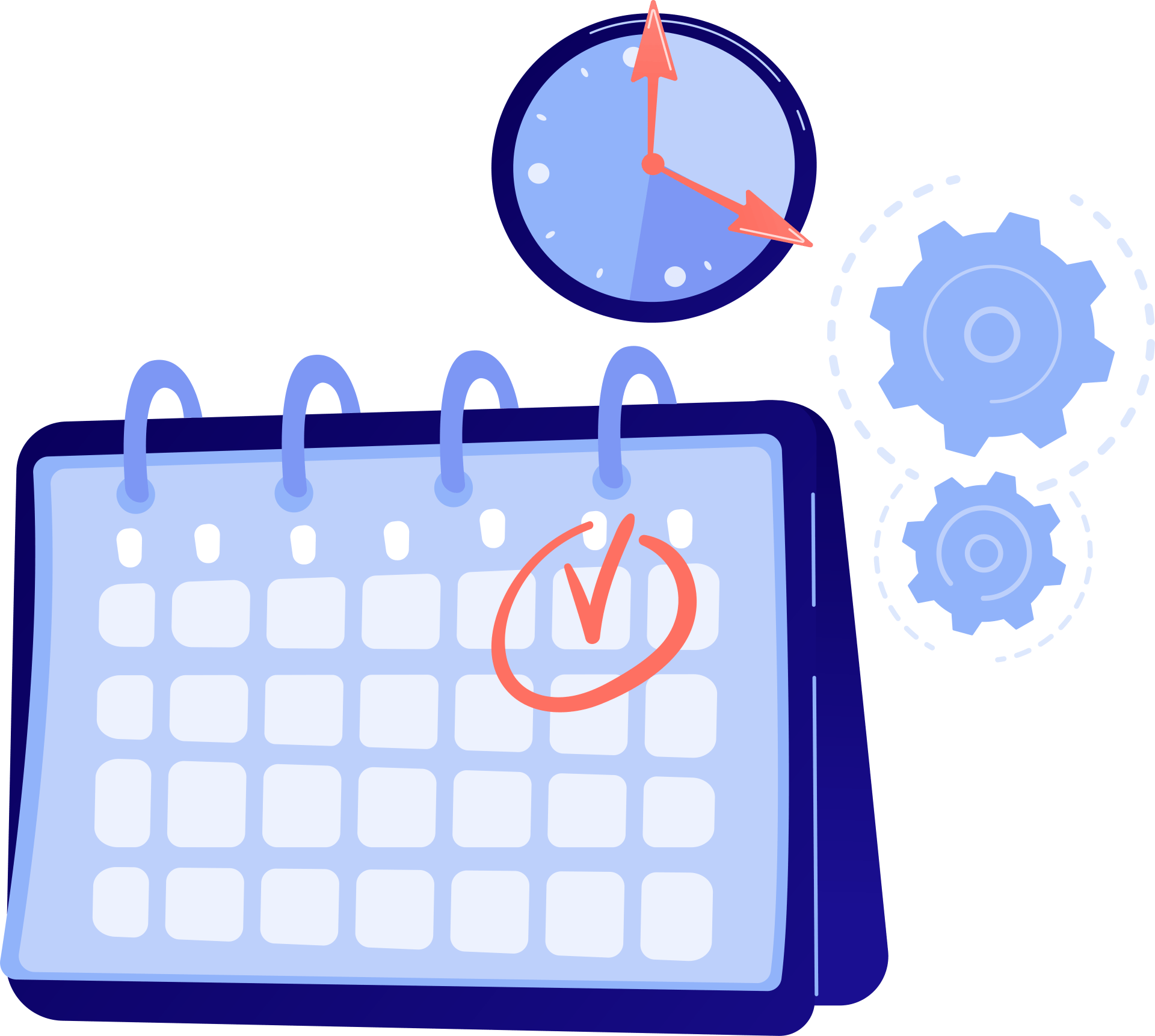 An illustration of a calendar with a clock and gears.