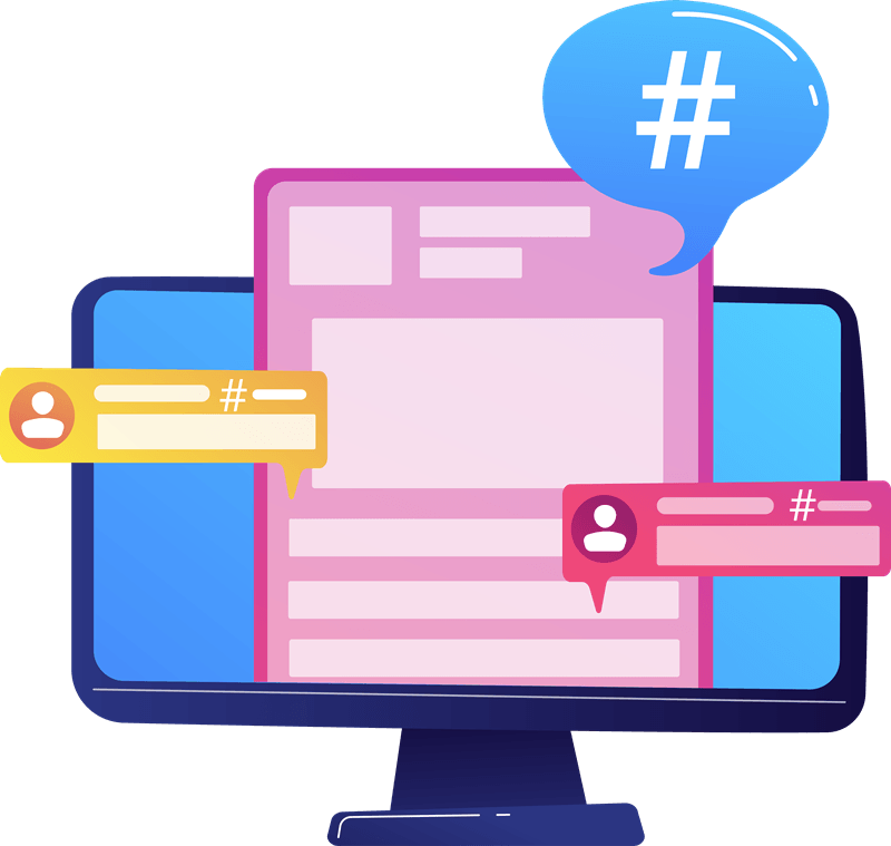 A computer monitor with a speech bubble with a hashtag on it.