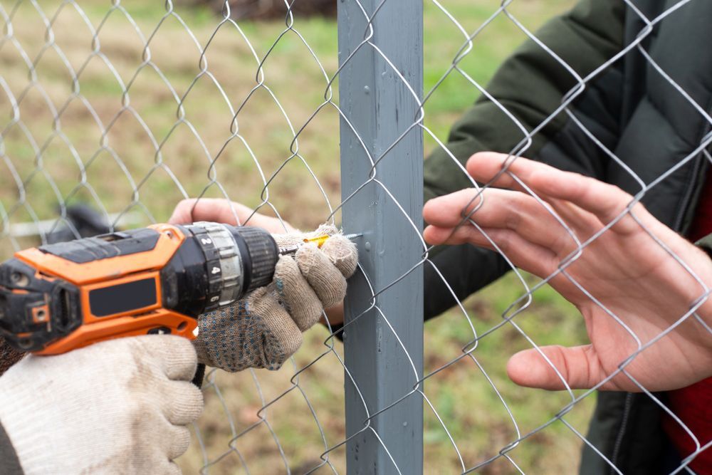 Installing chain link fence: Person using drill to attach fence to post. Another hand is steadying the fence.