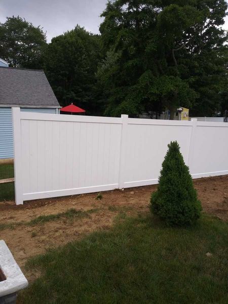 A white fence with a small tree in front of it