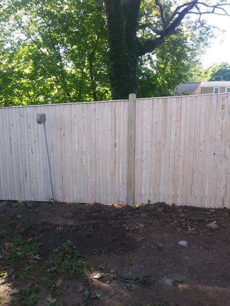 A white wooden fence with a tree in the background