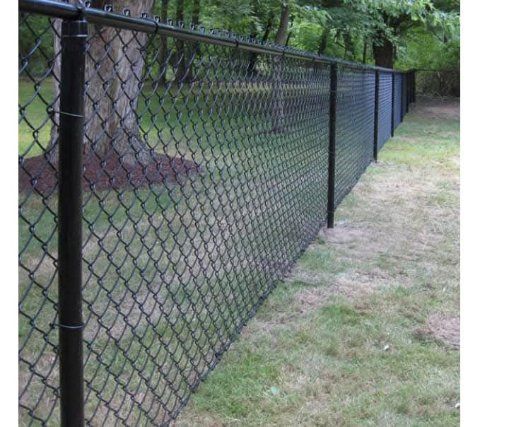 Black chain-link fence in a grassy yard, with trees in the background.