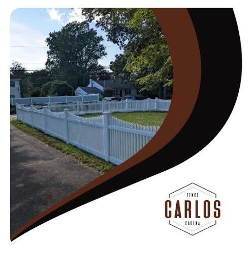 White picket fence surrounds a yard, brown and black abstract overlay, 