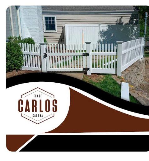 White picket fence with gate, Carlos Cadena logo, brown and black graphic overlay.